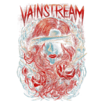 Arte da banda Vainstream com uma ilustração de uma mulher de cabelos vermelhos e olhos cobertos, envolta em rosas e elementos sombrios, destacando o estilo artístico vibrante e impactante da banda.
