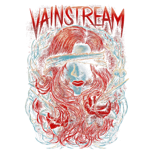 Arte da banda Vainstream com uma ilustração de uma mulher de cabelos vermelhos e olhos cobertos, envolta em rosas e elementos sombrios, destacando o estilo artístico vibrante e impactante da banda.