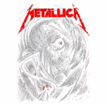 Arte da banda Metallica com um design sombrio, apresentando uma figura enigmática e elementos visuais que evocam uma atmosfera de rock pesado. O logotipo da banda está em destaque na parte superior, com letras vermelhas vibrantes sobre um fundo detalhado em tons de cinza. Ideal para fãs de música rock e metal.