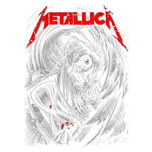 Arte da banda Metallica com um design sombrio, apresentando uma figura enigmática e elementos visuais que evocam uma atmosfera de rock pesado. O logotipo da banda está em destaque na parte superior, com letras vermelhas vibrantes sobre um fundo detalhado em tons de cinza. Ideal para fãs de música rock e metal.