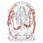 Ilustração estilizada de Ozzy Osbourne com óculos escuros e expressão sorridente, em pose de oração, rodeado por elementos gráficos vibrantes, representando seu estilo icônico no rock. Design apresenta o nome "Ozzy Osbourne" em destaque na parte inferior.
