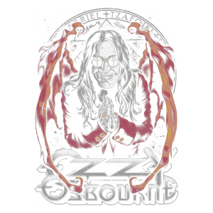 Ilustração estilizada de Ozzy Osbourne com óculos escuros e expressão sorridente, em pose de oração, rodeado por elementos gráficos vibrantes, representando seu estilo icônico no rock. Design apresenta o nome "Ozzy Osbourne" em destaque na parte inferior.