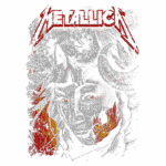 Arte ilustrativa do Metallica, destacando uma figura feminina com elementos de esqueleto e chifres, incorporando cores quentes e detalhes sombrios. Ideal para fãs de rock e arte gráfica.