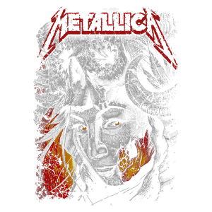 Arte ilustrativa do Metallica, destacando uma figura feminina com elementos de esqueleto e chifres, incorporando cores quentes e detalhes sombrios. Ideal para fãs de rock e arte gráfica.