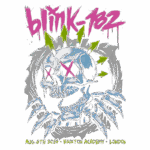Cartaz do show da banda Blink-182, realizado em 6 de agosto de 2014, na Brixton Academy, Londres. O design apresenta uma caveira estilizada com olhos em forma de X e espinhos, cercada por setas verdes, em um fundo vibrante e colorido.