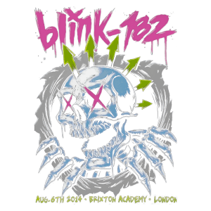 Cartaz do show da banda Blink-182, realizado em 6 de agosto de 2014, na Brixton Academy, Londres. O design apresenta uma caveira estilizada com olhos em forma de X e espinhos, cercada por setas verdes, em um fundo vibrante e colorido.