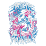 Arte gráfica de um crânio estilizado com elementos de sangue e graffiti, apresentando cores vibrantes de azul e vermelho. O design incorpora detalhes como correntes e uma estética de horror, ideal para fãs de artes visuais agressivas e cultura alternativa.