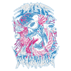 Arte gráfica de um crânio estilizado com elementos de sangue e graffiti, apresentando cores vibrantes de azul e vermelho. O design incorpora detalhes como correntes e uma estética de horror, ideal para fãs de artes visuais agressivas e cultura alternativa.