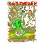 Capa do álbum "The Rime of the Ancient Mariner" da banda Iron Maiden, lançada em 1984. A arte apresenta um pirata esquelético segurando um corpo e um navio à deriva em meio a águas esverdeadas. Elementos sobrenaturais e uma atmosfera sombria caracterizam a cena, refletindo o tema do álbum.