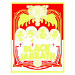 Arte da banda Black Sabbath, apresentando os membros da banda em um design retro com cruzes, chama e elementos gráficos vibrantes. Ideal para fãs de rock e do heavy metal.