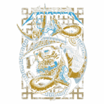 Arte de capa da banda Metallica, apresentando um crânio com elementos orientais, uma cobra e detalhes em azul e dourado, com o logotipo da banda no topo. Ideal para fãs de rock e colecionadores de memorabilia musical.