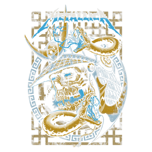 Arte de capa da banda Metallica, apresentando um crânio com elementos orientais, uma cobra e detalhes em azul e dourado, com o logotipo da banda no topo. Ideal para fãs de rock e colecionadores de memorabilia musical.