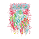 Arte vibrante de uma figura zumbi sinistra, destacando elementos de horror com cores neon, letras estilizadas "As Blood Runs Black" e um fundo dramático com gotas de sangue. Ideal para fãs de metal e cultura de terror.