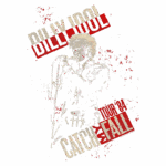 Imagem de Billy Idol durante a turnê "Catch My Fall", de 1984, apresentando o cantor em uma pose icônica com a letra de sua música e os detalhes da turnê destacados em vermelho e branco.