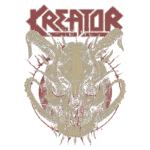 Logotipo da banda Kreator com imagem estilizada de um crânio e chifres, decorado com sangue e detalhes sombrios, representando o gênero metal.