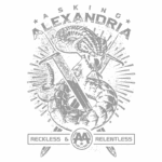 Ilustração de uma camiseta da banda Asking Alexandria, apresentando uma cobra enroscada em uma espada, com o texto "Reckless & Relentless" destacado. O fundo é verde e os detalhes são em um tom claro, evidenciando o design agressivo e dinâmico da arte.