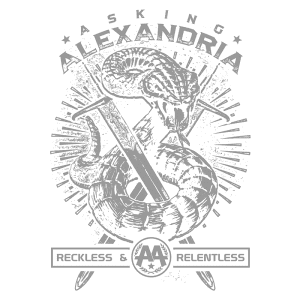 Ilustração de uma camiseta da banda Asking Alexandria, apresentando uma cobra enroscada em uma espada, com o texto "Reckless & Relentless" destacado. O fundo é verde e os detalhes são em um tom claro, evidenciando o design agressivo e dinâmico da arte.