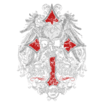 Logotipo estilizado do Hard Rock Café, apresentando um crânio no centro, cruzado por um desenho em forma de cruz vermelha, com asas de anjo em ambos os lados e um fundo decorativo detalhado.