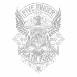 Logotipo da banda Five Finger Death Punch, apresentando uma águia com asas estendidas e elementos decorativos, incluindo um escudo central com o nome da banda e o lema "5FDP USA", destacando-se em design gráfico estilizado.