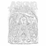 Design da banda Asking Alexandria, apresentando uma figura esquelética com capuz, rodeada por esqueletos e uma ampulheta, simbolizando temas de morte e o tempo. Ideal para fãs de metal e cultura artística.