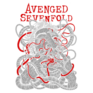 Arte da banda Avenged Sevenfold, apresentando um rosto humano distorcido envolto em tentáculos e linhas em estilo gráfico. O fundo é verde e o nome da banda está em vermelho no topo, destacando a estética sombria e intensa associada à sua música.
