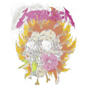 Desenho de um crânio com flores e chamas ao fundo, estilizado com o nome "Metallica" em letras roxas, refletindo uma estética de arte alternativa e temática de rock.