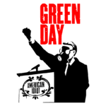Ilustração do logo da banda Green Day, com a frase "GREEN DAY" em vermelho no topo, mostrando uma figura em um palanque levantando o braço com um mural de gás. Na base, a frase "AMERICAN IDIOT" é apresentada em um design decorativo. A imagem remete ao álbum "American Idiot" e à crítica social presente nas músicas da banda.