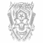 Design gráfico de uma camiseta verde, apresentando uma arte com uma caveira estilizada, adereços de facas e uma estrela de cinco pontas, com o texto "MEXICO" na parte inferior. Ideal para fãs de moda alternativa e cultura underground.