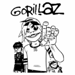Desenho dos membros da banda virtual Gorillaz, destacando um personagem sorridente com o número 78 na camiseta, levantando a mão. Ao fundo, outros dois personagens com expressões distintas. Ilustração em estilo de quadrinhos.