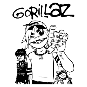 Desenho dos membros da banda virtual Gorillaz, destacando um personagem sorridente com o número 78 na camiseta, levantando a mão. Ao fundo, outros dois personagens com expressões distintas. Ilustração em estilo de quadrinhos.