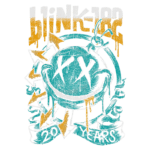Ilustração do logotipo da banda Blink-182 com um coelho estilizado, cores vibrantes e elementos gráficos que representam a estética punk rock. O design celebra os 20 anos da banda, destacando seu impacto na música.