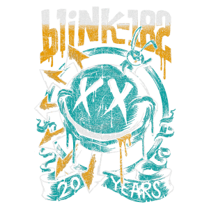 Ilustração do logotipo da banda Blink-182 com um coelho estilizado, cores vibrantes e elementos gráficos que representam a estética punk rock. O design celebra os 20 anos da banda, destacando seu impacto na música.