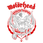 Imagem do logotipo da banda Motörhead, apresentando uma ilustração de um rosto de barril com chifres e uma corrente, acompanhado por elementos de design em vermelho e prata. O slogan "Everything Louder Than Everything Else" está incluído. O visual é característico do rock e metal, refletindo a estética agressiva da banda.