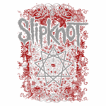 Arte gráfica da banda Slipknot com fundo vermelho, apresentando o nome da banda em letras estilizadas e um desenho de um pentagrama no centro, adornado por elementos ornamentais. Ideal para fãs de metal e cultura alternativa.