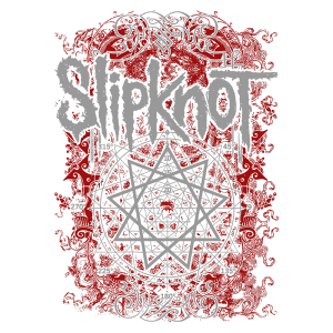 Arte gráfica da banda Slipknot com fundo vermelho, apresentando o nome da banda em letras estilizadas e um desenho de um pentagrama no centro, adornado por elementos ornamentais. Ideal para fãs de metal e cultura alternativa.