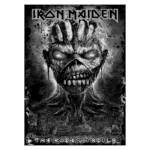 Capa do álbum "The Book of Souls" da banda Iron Maiden, apresentando uma arte sombria com uma criatura sinistra e detalhes artísticos em preto e branco.