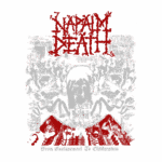 Capa do álbum "From Enslavement to Obliteration" da banda Napalm Death, apresentando uma ilustração impactante com uma figura central angustiada em meio a cenas de opressão e sofrimento, destacando o estilo grindcore da banda.