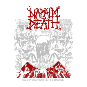 Capa do álbum "From Enslavement to Obliteration" da banda Napalm Death, apresentando uma ilustração impactante com uma figura central angustiada em meio a cenas de opressão e sofrimento, destacando o estilo grindcore da banda.