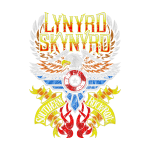 Design ilustrativo da banda Lynyrd Skynyrd, com uma águia no centro, adornada por faixas que dizem "Southern Rock & Roll", destacando a identidade do rock sulista.