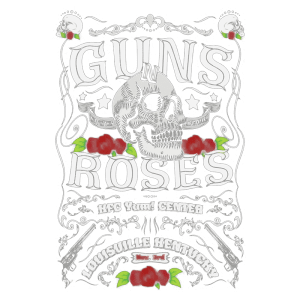 Arte do Guns N' Roses com um crânio destacado, adornado com rosas vermelhas e elementos de design clássicos, anunciando um show no KFC Yum! Center em Louisville, Kentucky, no dia 3 de novembro.
