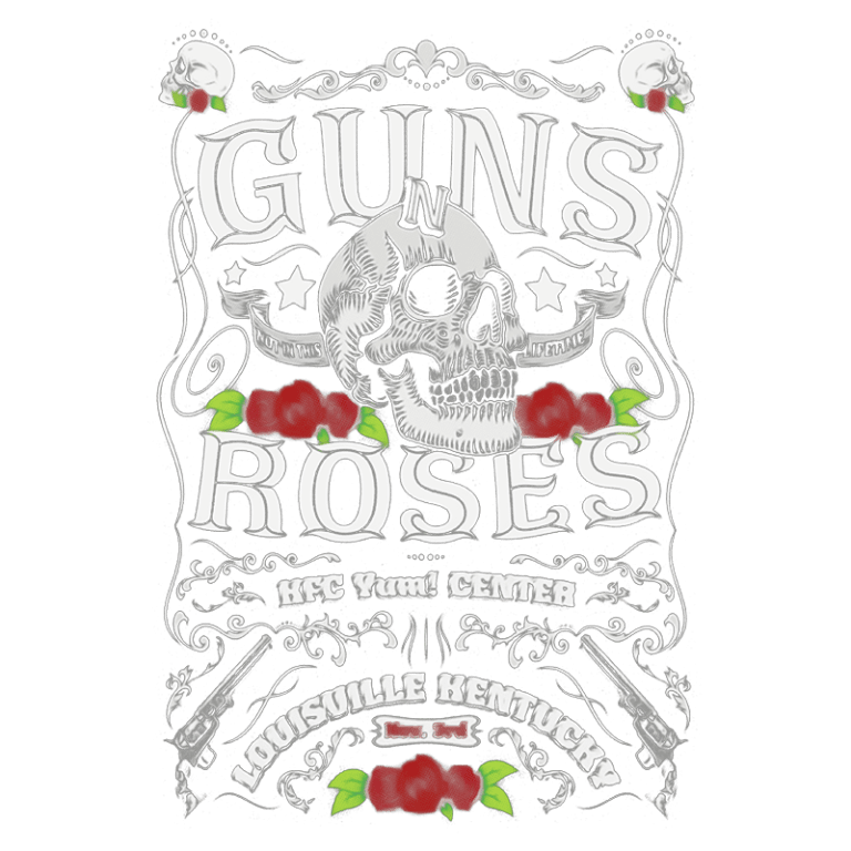 Arte do Guns N' Roses com um crânio destacado, adornado com rosas vermelhas e elementos de design clássicos, anunciando um show no KFC Yum! Center em Louisville, Kentucky, no dia 3 de novembro.
