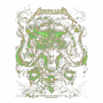 Arte gráfica do show da banda Metallica, destacando um dragão verde e elementos de calaveras, com o logotipo da banda no topo. Design vibrante e complexo, refletindo a energia do metal.