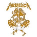 Design gráfico inspirado na banda Metallica, apresentando um crânio estilizado com espinhos e elementos de cartas, ilustrando a estética do metal.