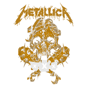 Design gráfico inspirado na banda Metallica, apresentando um crânio estilizado com espinhos e elementos de cartas, ilustrando a estética do metal.