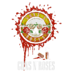 Logo da banda Guns N' Roses, com um design vermelho e amarelo, apresentando rosas, armas e todo o símbolo icônico da banda, simbolizando o rock e a rebeldia.