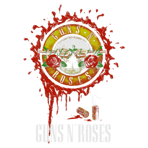 Logo da banda Guns N' Roses, com um design vermelho e amarelo, apresentando rosas, armas e todo o símbolo icônico da banda, simbolizando o rock e a rebeldia.