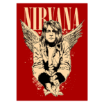 Ilustração de Kurt Cobain, vocalista da banda Nirvana, com asas, em fundo vermelho. O nome "Nirvana" aparece em destaque na parte superior. A arte captura a essência do rock dos anos 90.
