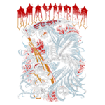 Ilustração de uma figura esqueletizada com uma foice, cercada por caveiras, em um fundo vermelho. A imagem exibe elementos de arte gótica, transmitindo uma atmosfera sombria e mística. Ideal para temas de horror ou Halloween.