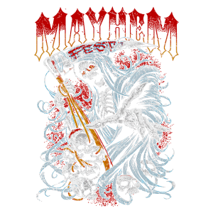 Ilustração de uma figura esqueletizada com uma foice, cercada por caveiras, em um fundo vermelho. A imagem exibe elementos de arte gótica, transmitindo uma atmosfera sombria e mística. Ideal para temas de horror ou Halloween.