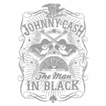 Design vintage de Johnny Cash com guitarras cruzadas e o logotipo da Sun Record Company, destacando a frase "The Man in Black" em um fundo verde. Ideal para fãs de música country e colecionadores de memorabilia.